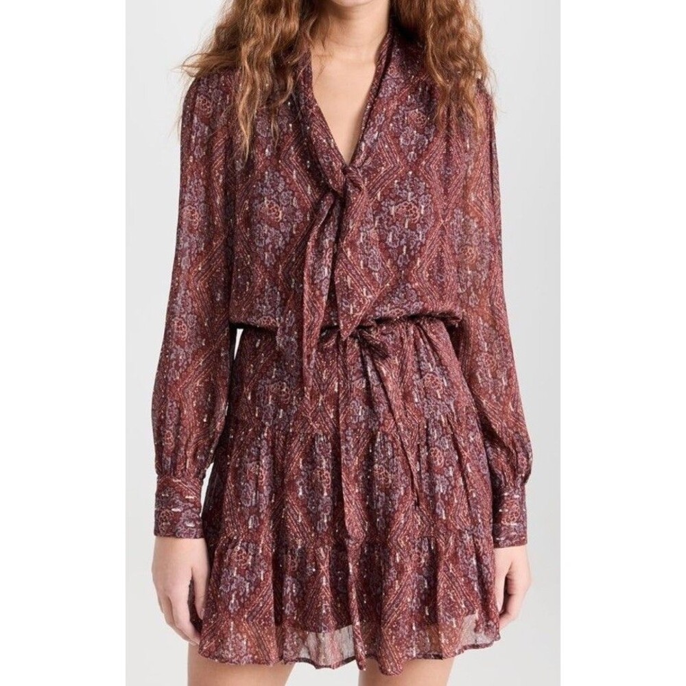 PAIGE Cleobelle Metallic Tie-neck Long-sleeve Mini Dress Size XL NWOT